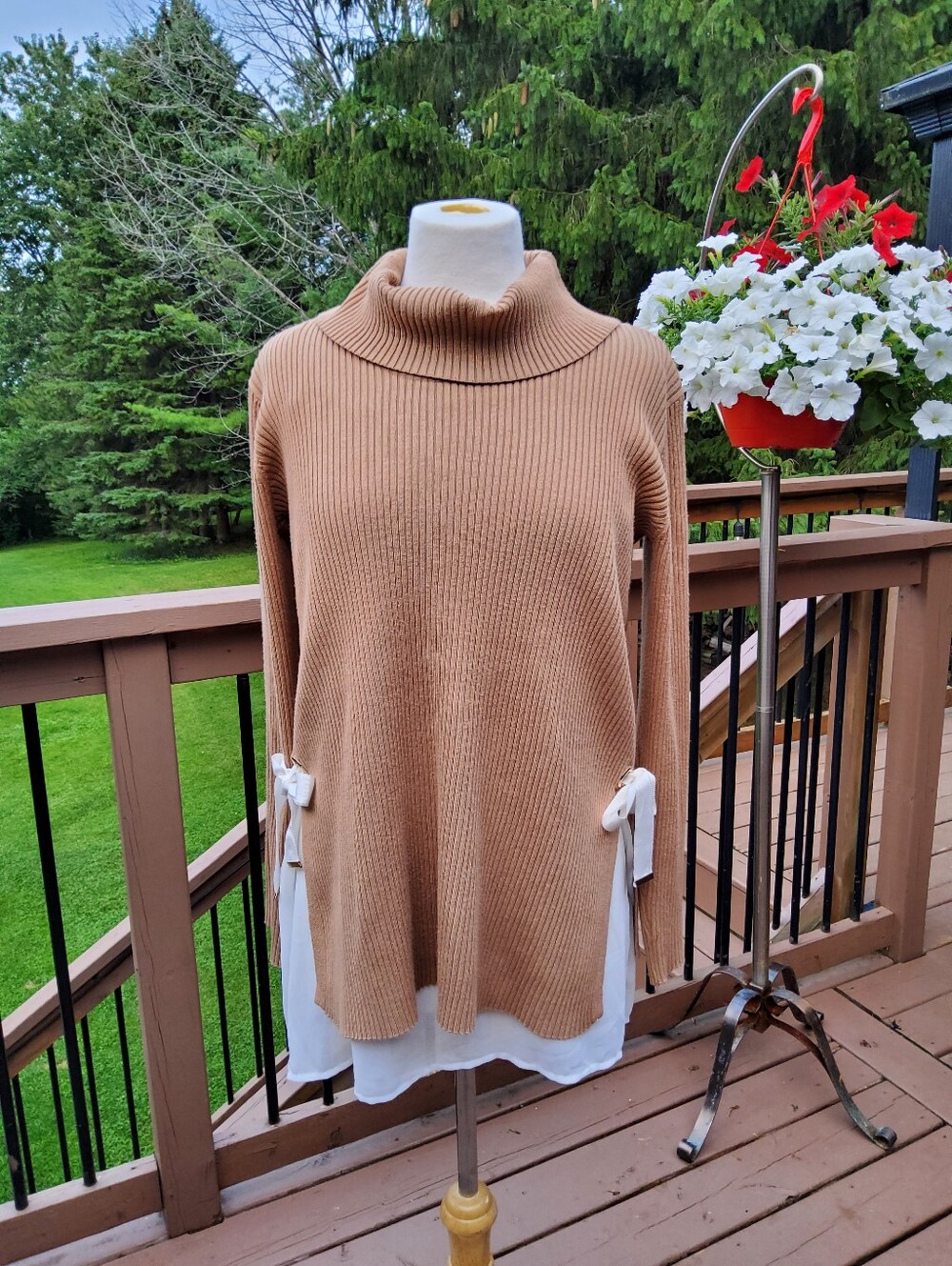 Laura Camel Cowl Neck Ribbed Multi-media Sweater with Tie-Detail